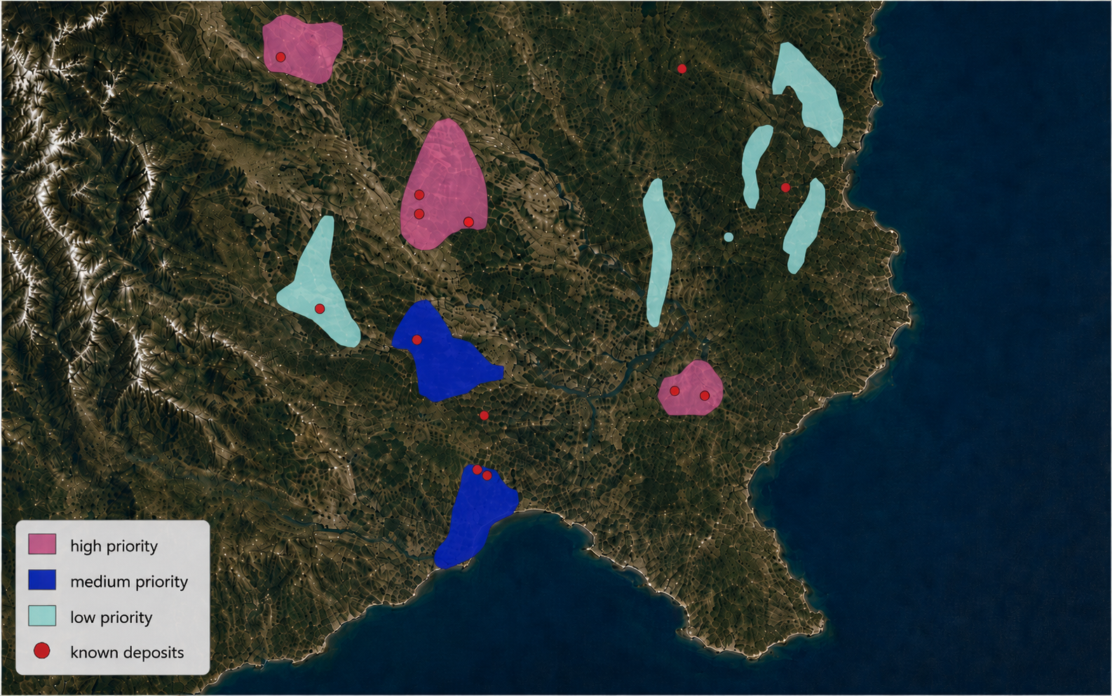 Broad geospatial coverage is narrowed into a smaller, ranked set of areas for field follow-up.